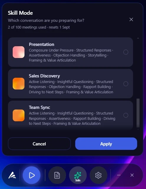 Skill Mode open above the desktop bar: choosing which conversation you're preparing for, each template listing the competencies it scores