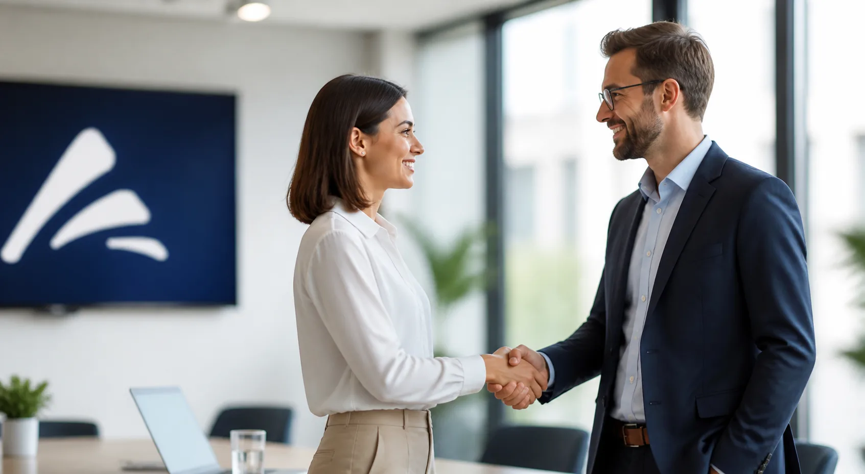 Two colleagues shaking hands across a meeting-room table