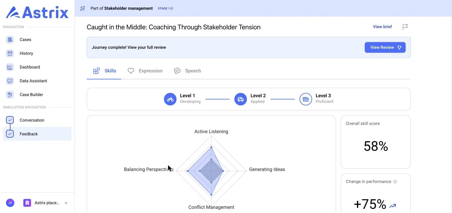 Per-simulation feedback: skills radar, level, overall score and change